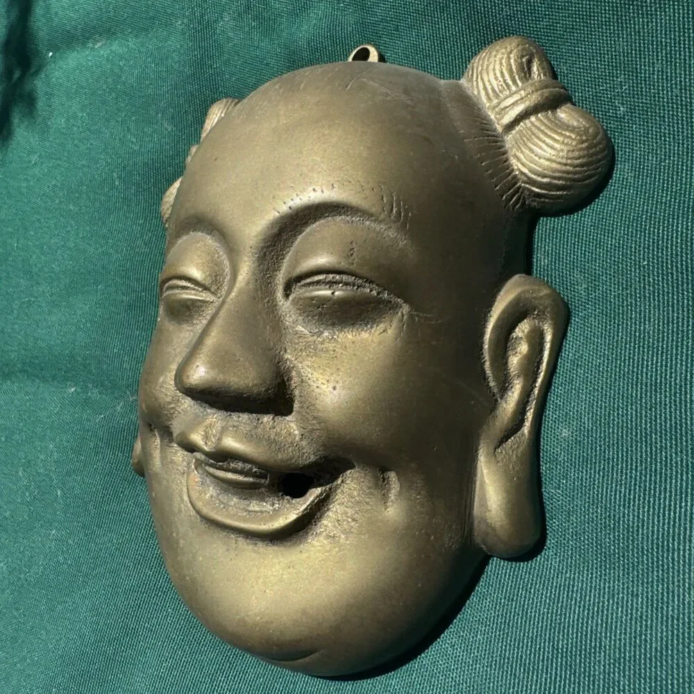 Vintage Brass Laughing Buddha Wall Mask Budai Hong Kong Decor 6